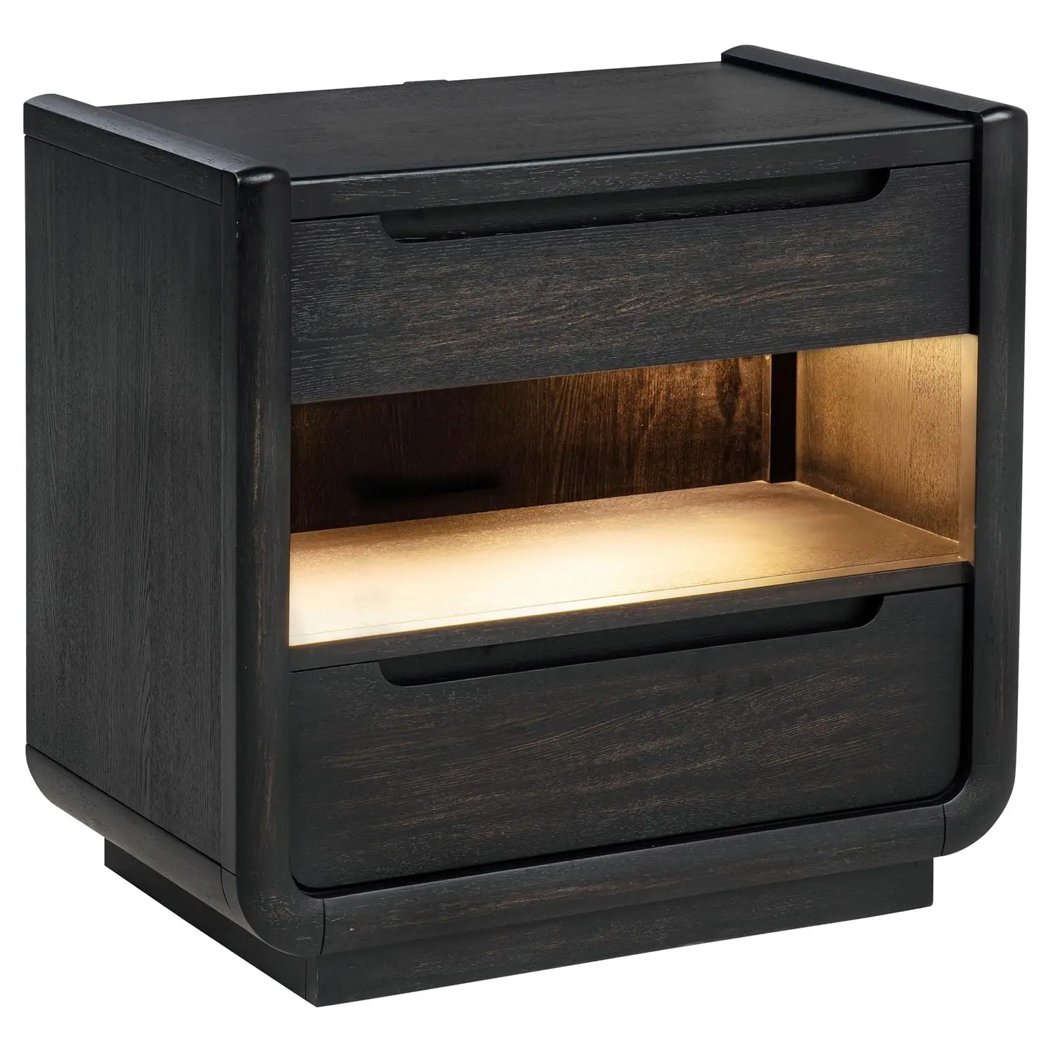 Solid Wood 2-Drawer Nightstand with LED Shelf, USB Ports & Glides for Bedroom, Black, Customized