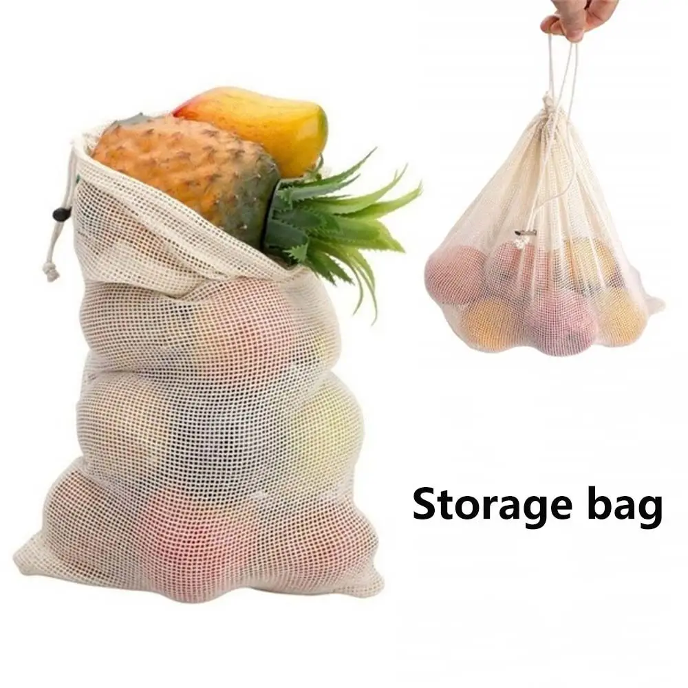 Home Kitchen with Drawstring Mesh Cotton Fruit and Vegetable Washable Storage Mesh Bags Storage Bag