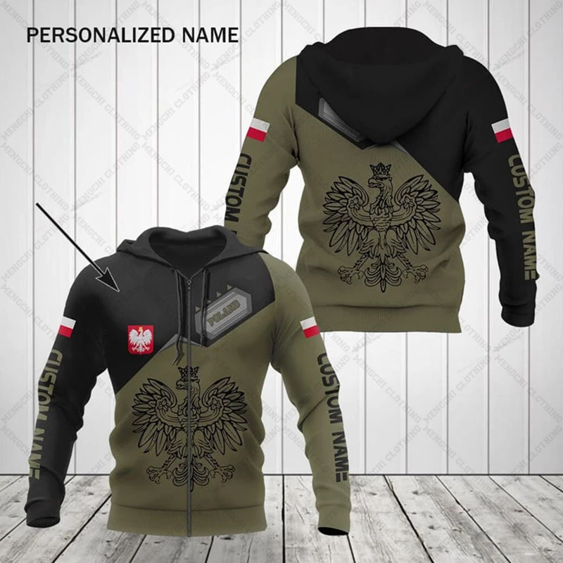 Custom Name Poland Map Graphic Olive Zipper Hoodies Loose Unisex Oversize Sweatshirts Winter Casual Streetwear Tops Pullover