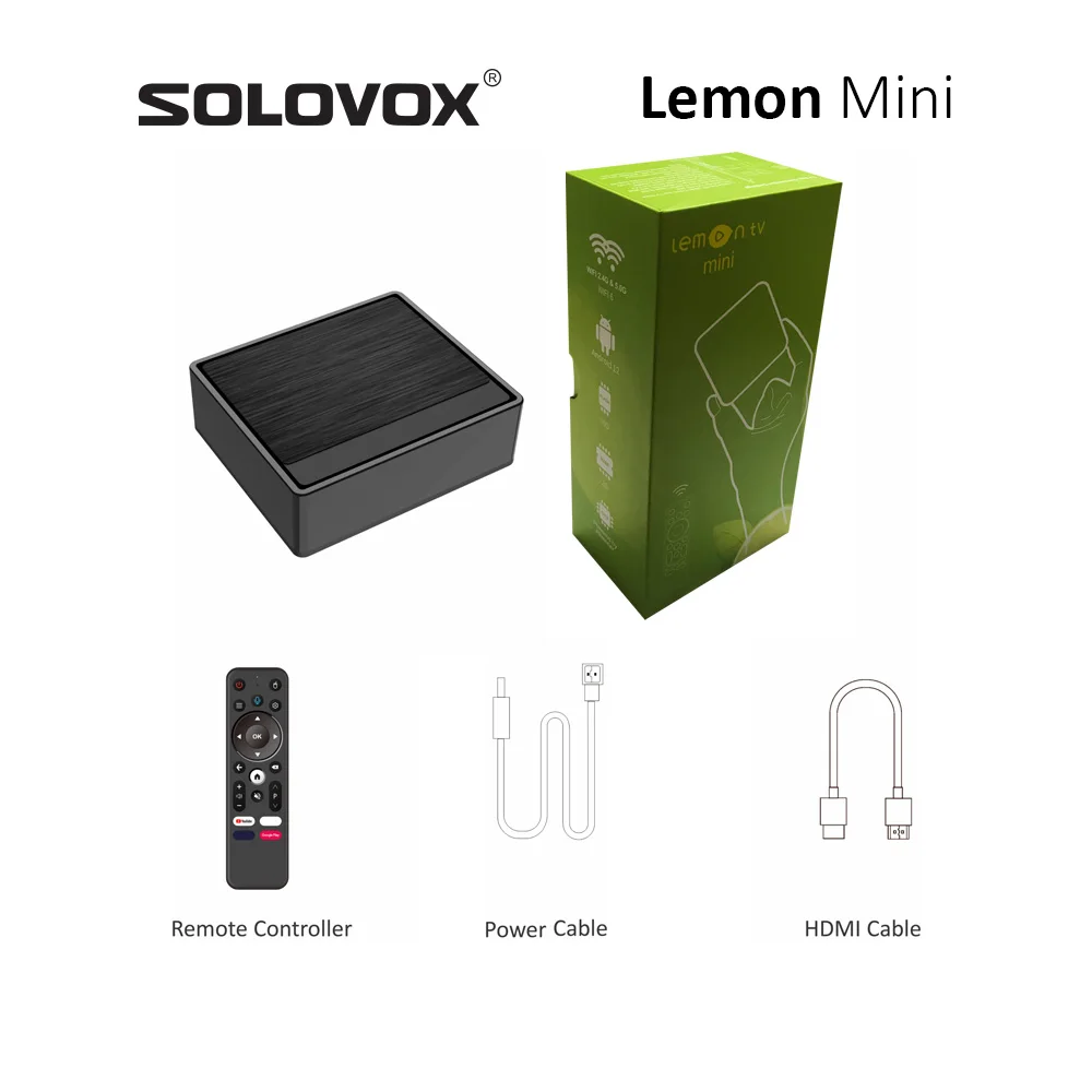 SOLOVOX 2024 Lemon Mini Android 12 TV Box Super Pocket Size 4K WiFi6 Bluetooth 5.4 التحكم الصوتي Stalkermac LemonTV الأدوات الوسطى