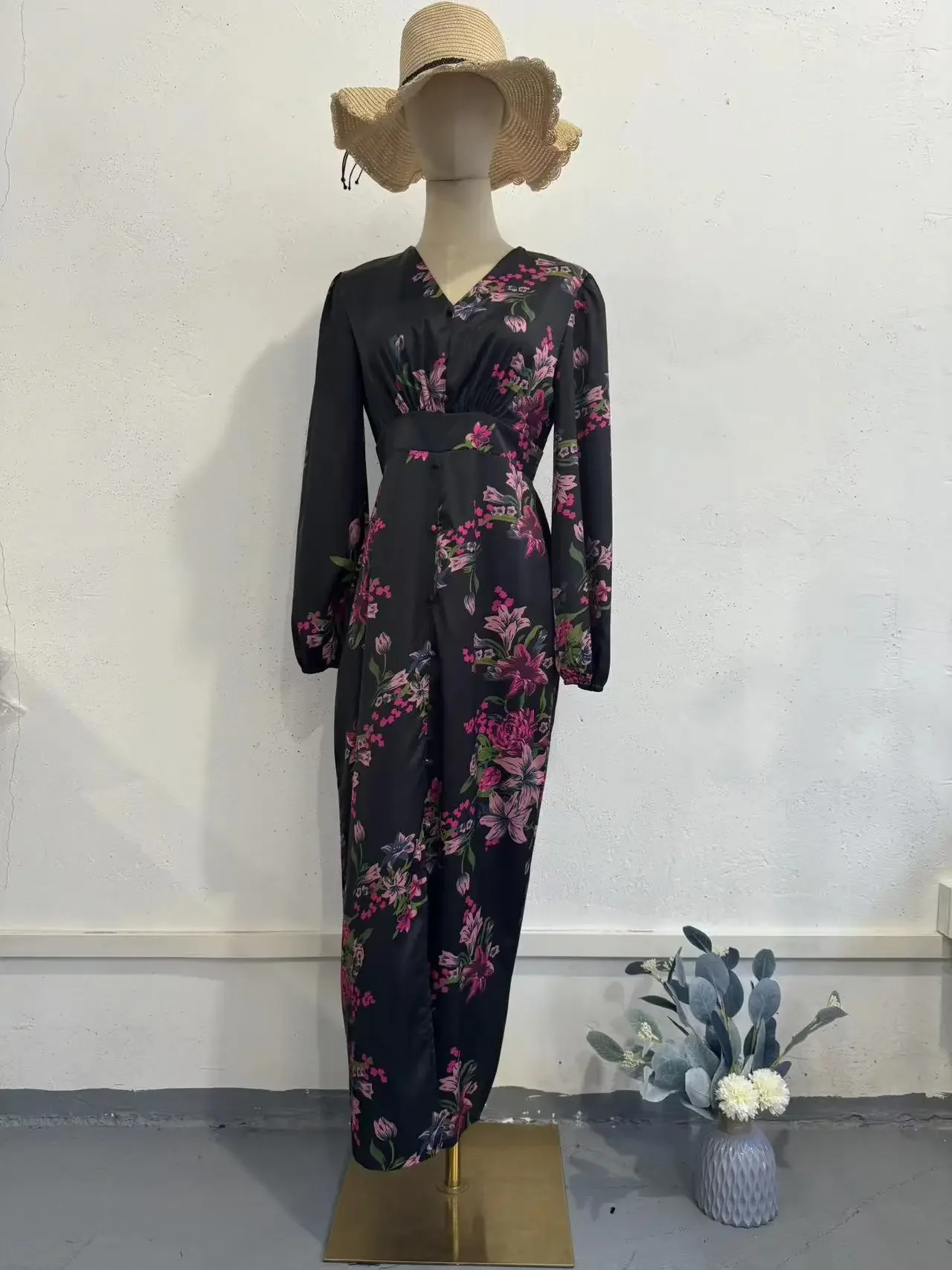 Feminino vintage impressão com decote em v manga longa cintura fenda vestido feminino verão temperamento emagrecimento saia longa planta flor padrão