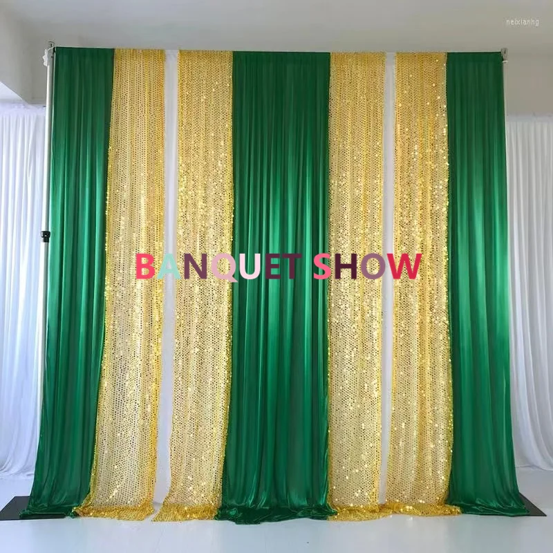 

White Color Ice Silk Backdrop Curtain With Green Gold Sequin Drape Swag Stage Background Photo Booth Event Party Decoration