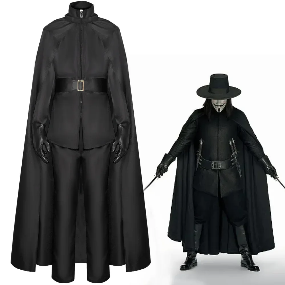 V for Vendetta Black Killer Suit Cosplay Costume with Cloak Halloween Christmas Masquerade Carnival Party Outfits for Adult