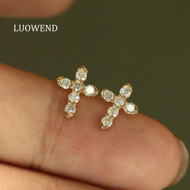 

LUOWEND серьги из 100% белого/желтого золота 18 карат, женские элегантные серьги-гвоздики в форме креста 0,30 карата с настоящими натуральными бриллиантами, ювелирные изделия
