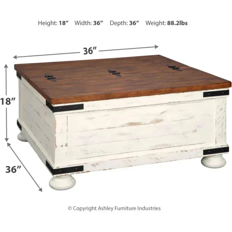 QAZ8-طاولة قهوة للتخزين المربعة من Ashley Wystfield Farmhouse مع سطح رفع مفصلي. الأبيض المتعثرة
