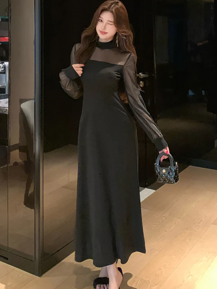 Vestido largo Sexy transparente de malla con parches negros para mujer, vestido de noche Vintage Hepburn 2025, vestido de fiesta ajustado coreano para Otoño e Invierno