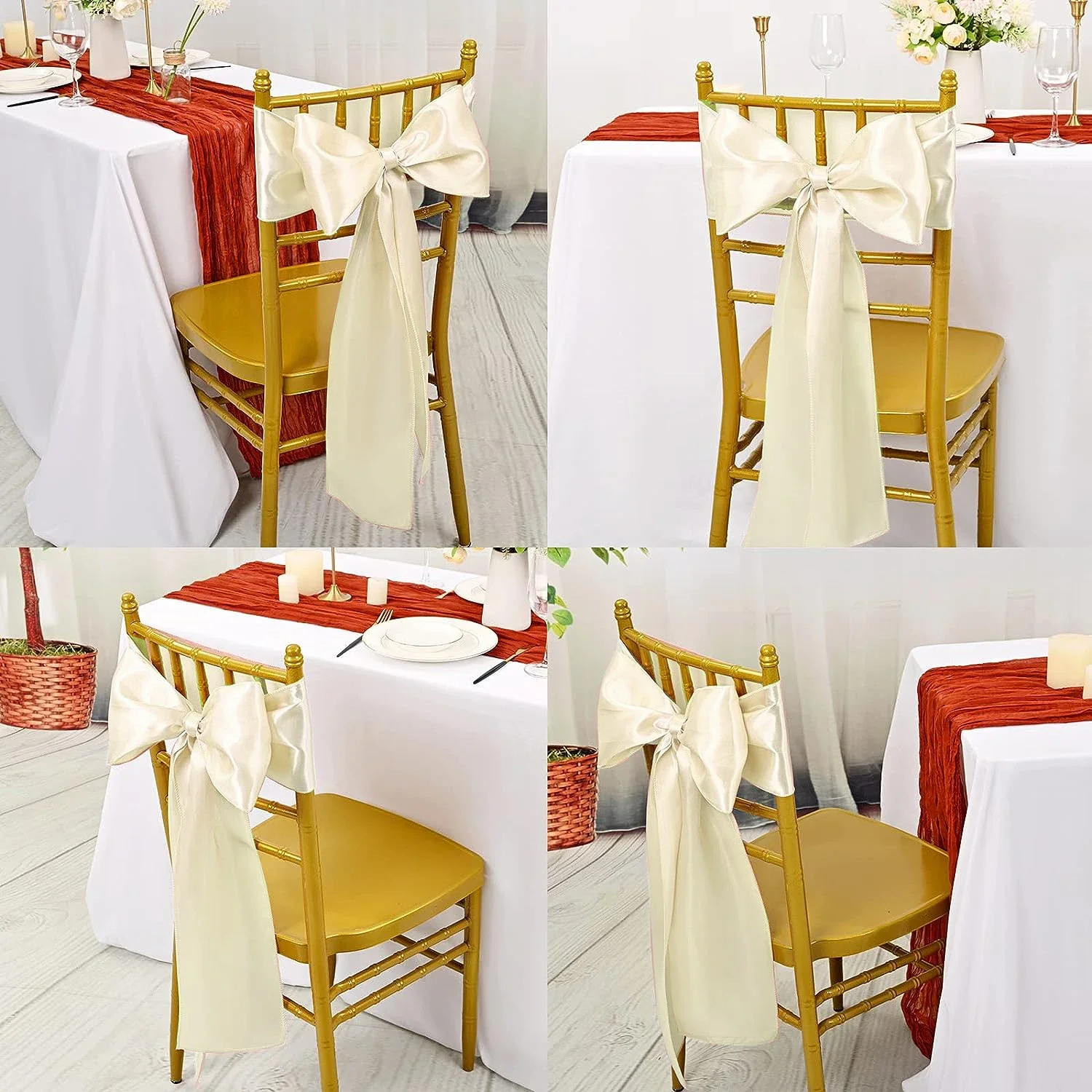 Imagem -02 - Cetim Cadeira Faixas com Arcos Cadeira Tampa Fitas para Festa de Casamento Banquete Baby Shower Evento Decorações Bege e Dourado 40 Pcs 17x275cm