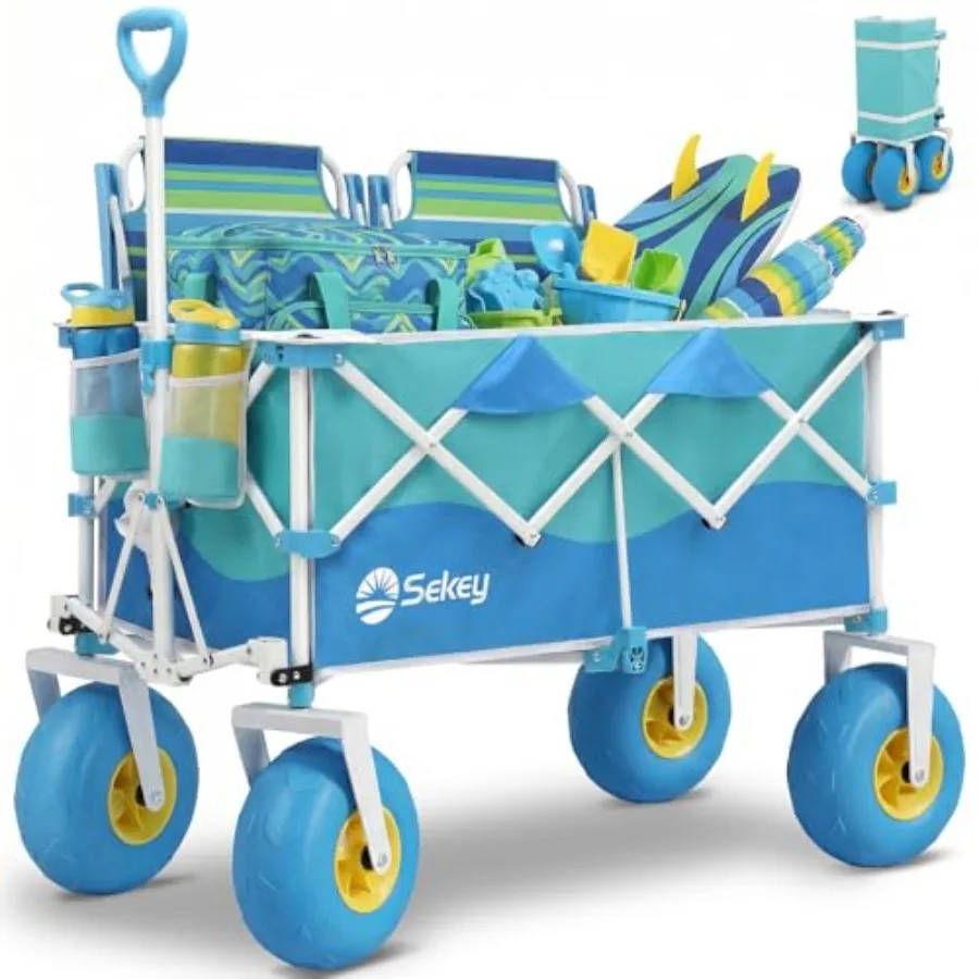 

Heavy Duty Beach Wagon for sand, camping, groceries steel frame, black 9 sand-proof wheels, 600lb capacity, 200L foldable cart,