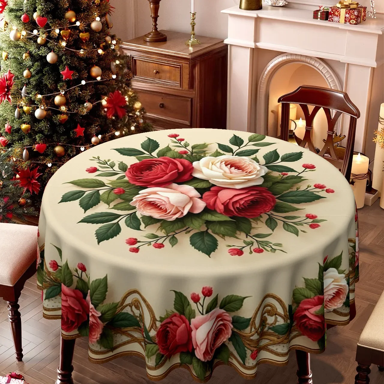A circular tablecloth specially designed for Christmas and Easter, in one piece, featuring elegant rose and leaf floral patterns