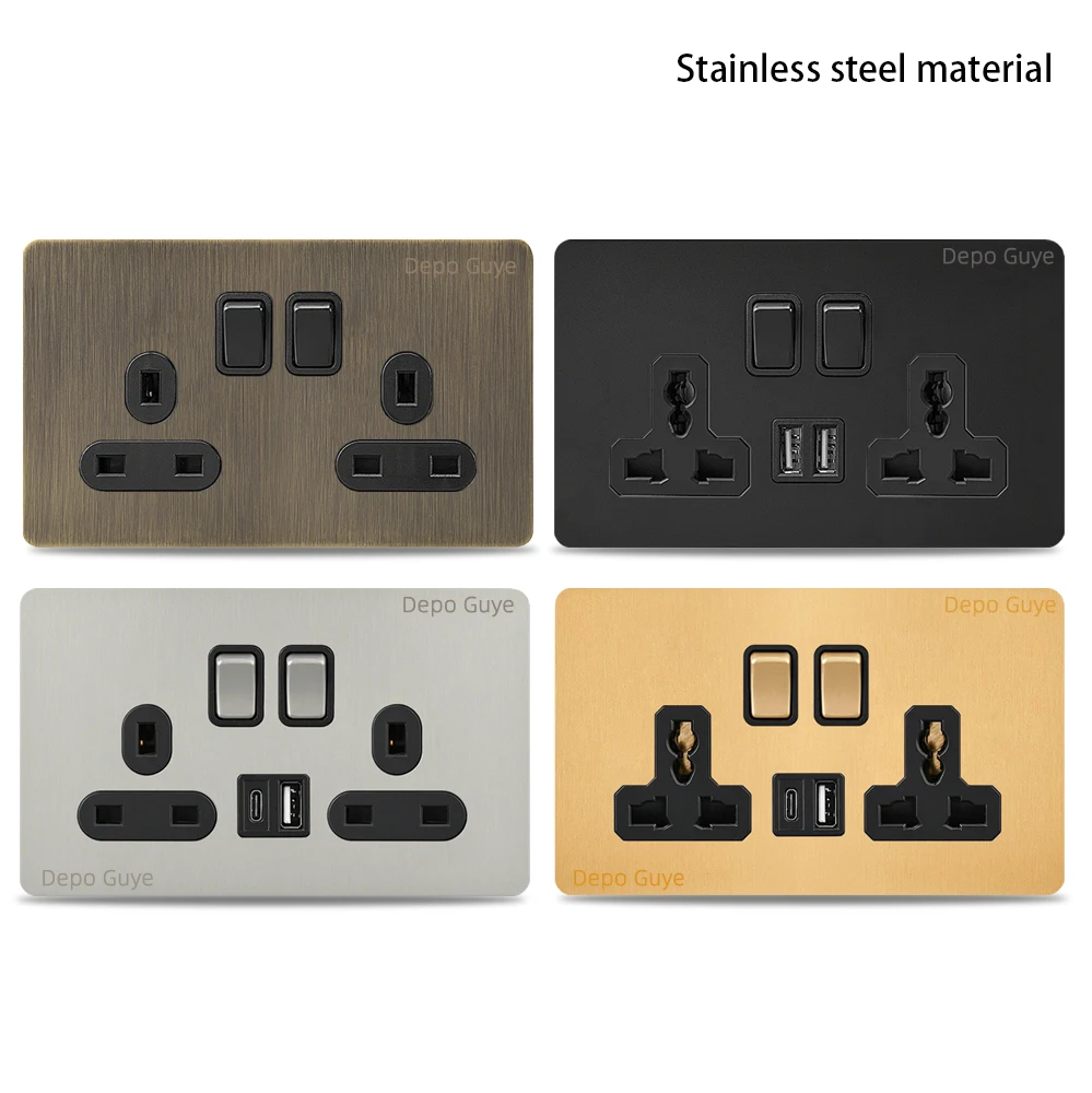 

146 Тип Ретро Металлическая панель UK 13A Настенная розетка, универсальная 3-контактная двойная розетка из бронзовой нержавеющей стали с зарядкой через USB C