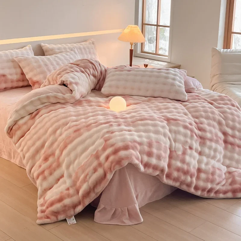 

2024 anti-static thickened imitation rabbit velvet kit milk velvet four-piece set of gradual change color bubble velvet bedding