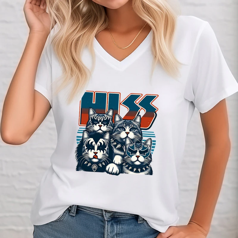 

Cats Kittens Rock Funny T-shirt Women Gift for Cat Lovers Funny Music V-neck Summer Clothes Funny Cat Rock Music T-shirt Female
