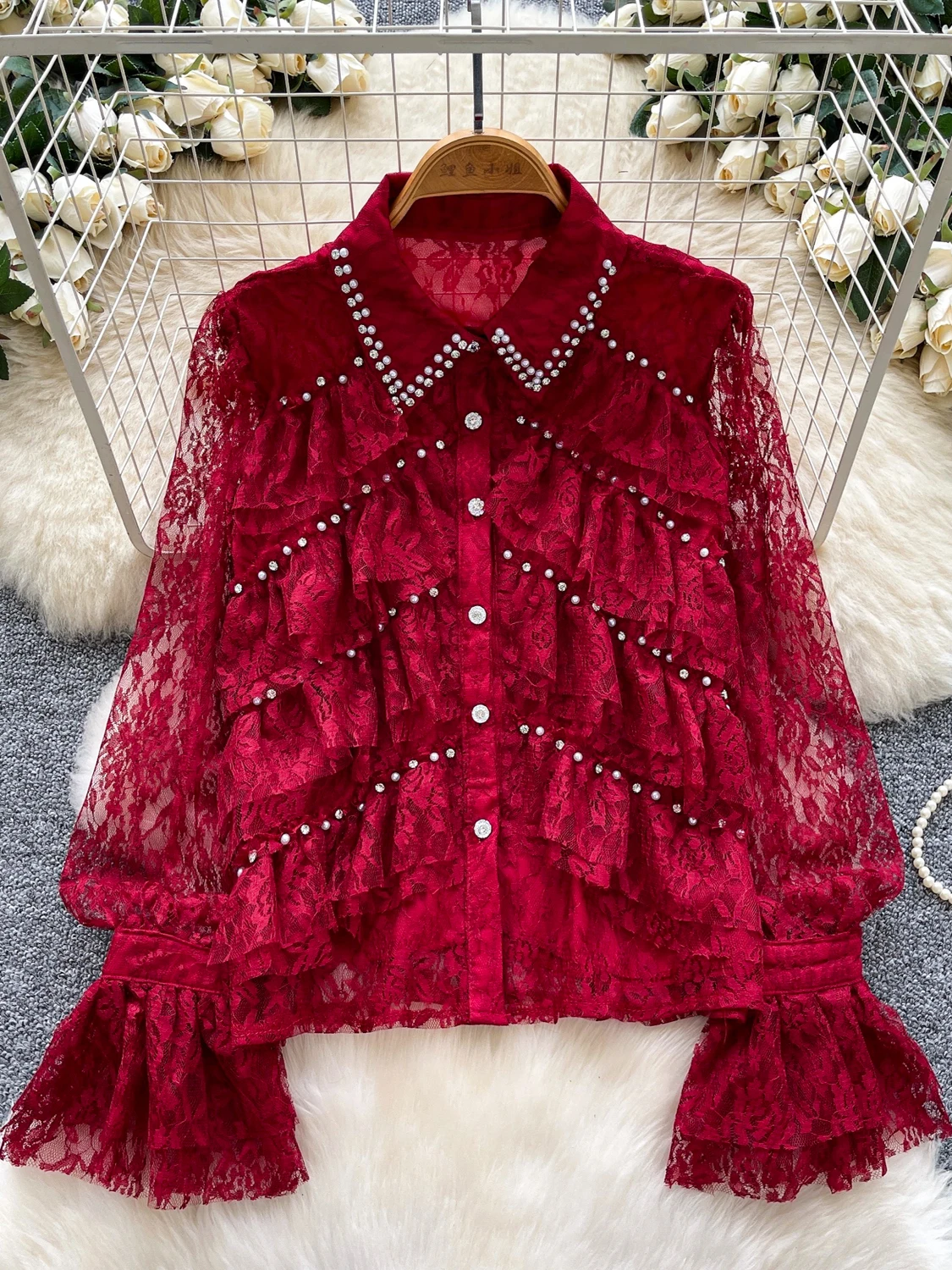 

Embellished Lace Shirt Women's Long Sleeve Asymmetrical Hemline Breathable Polyester Fiber Fashionable Commute Wear