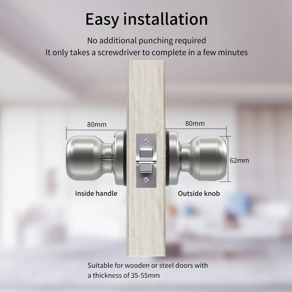 Tuya Smart Aluminum Alloy Globular Door Knobs Lock Rotation Knobset Handle Metal Knob Lock With Key App For Bedroom Living Rooms