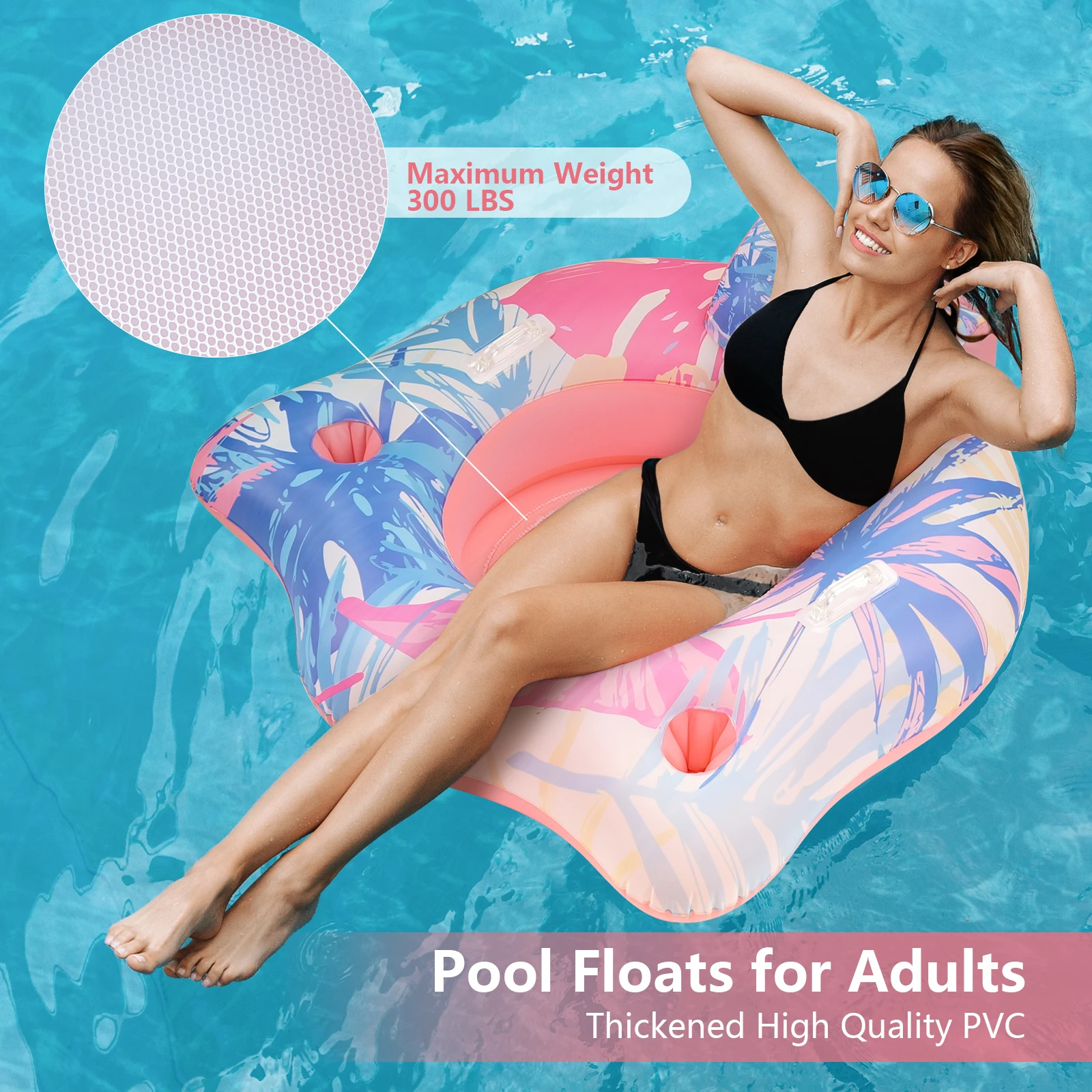 Adult inflatable swimming ring with solar RGB LED lights, spacious back, comfortable mesh bottom, suitable for swimming parties