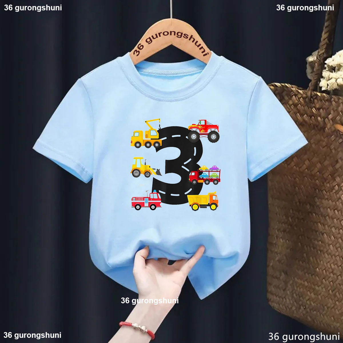 

3th Birthday Gift For Girls/Boys Tshirt Digging Machine Tractor Car Print T Shirt Kids Clothes White /Blue/Yellow/Gray T-Shirt