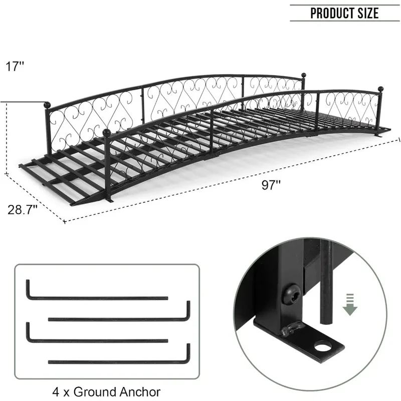 

8 FT Decorative Metal Garden Bridge with Siderails - Durable Outdoor Footbridge, Weight Capacity 770 lbs