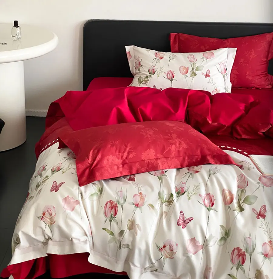 Classic red flower butterfly bedding set,full queen king fashion romantic cotton home textile bed sheet pillow case duvet cover