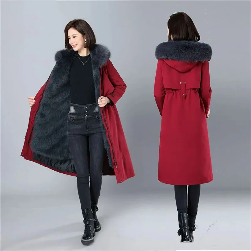 2023 New Winter Parkas Women Faux Fox Fur Inner liner Detachable Fur One Piece Thick Imitation Fur Coat Female Warm Overcoat