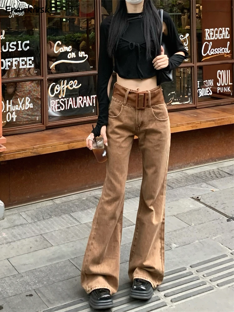 

Flare Jeans Women Vintage Autumn Fashion Korean Style Hotsweet Nostalgic Denim Trousers High Street Chic Mopping College Daily