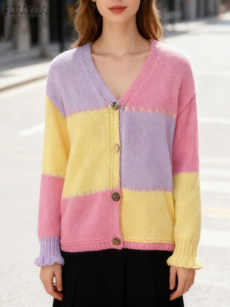 

2025 ZANZEA Women Knitted Color Patchwork Sweaters Fashion Long Sleeve Knitwear Cardigans Autumn V-Neck Casual Loose Jumpers