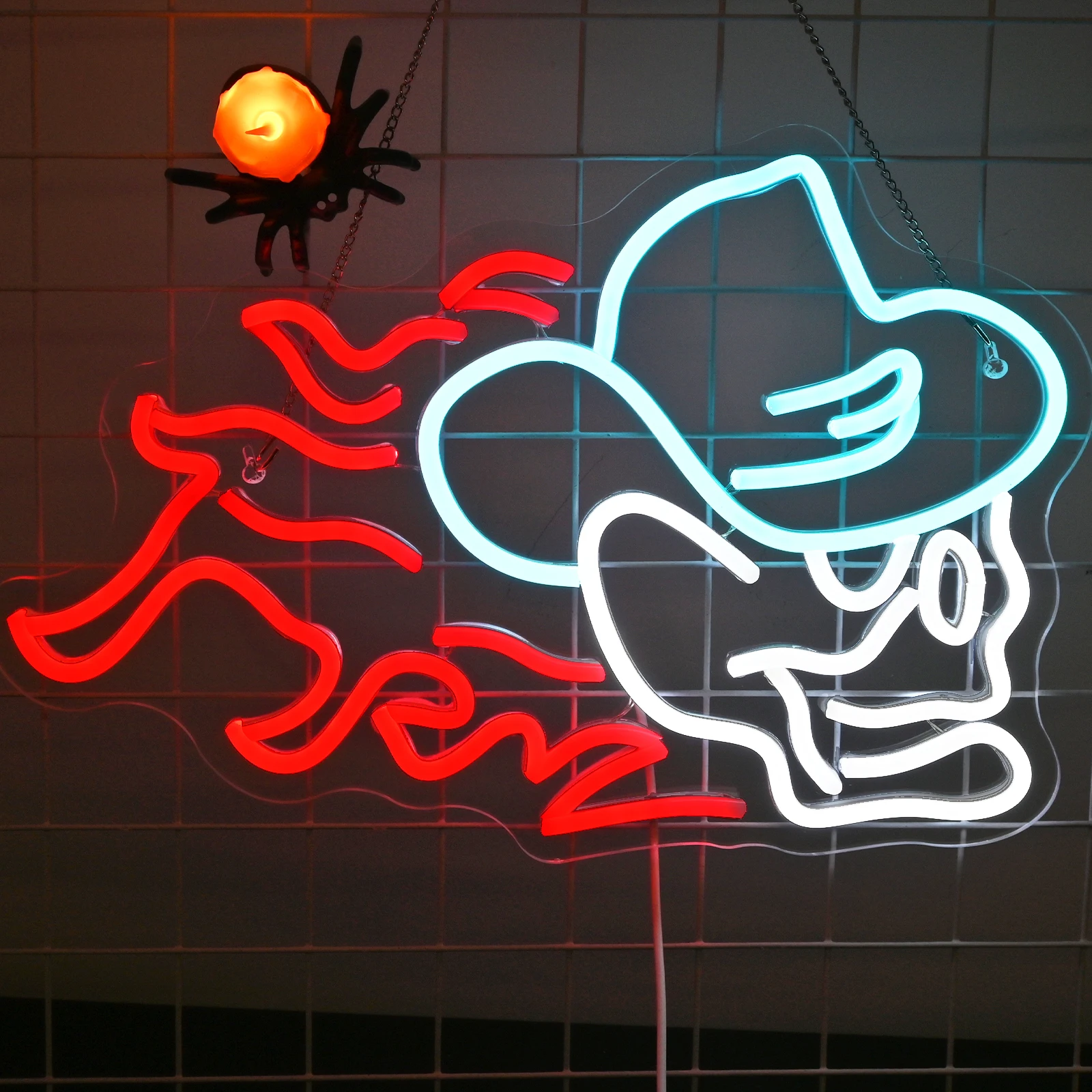 Crânio Neon Sign Fire para o Halloween, Luzes LED Up Sign, Decoração de sala regulável, Logotipo de festa, USB alimentado para Shop Bar e Casa