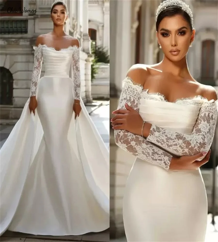 

Elegant Mermaid Wedding Dress With Detachable Train Off Shoulders Lace Long Sleeve Dubai Arabic Bridal Gowns Country Customized