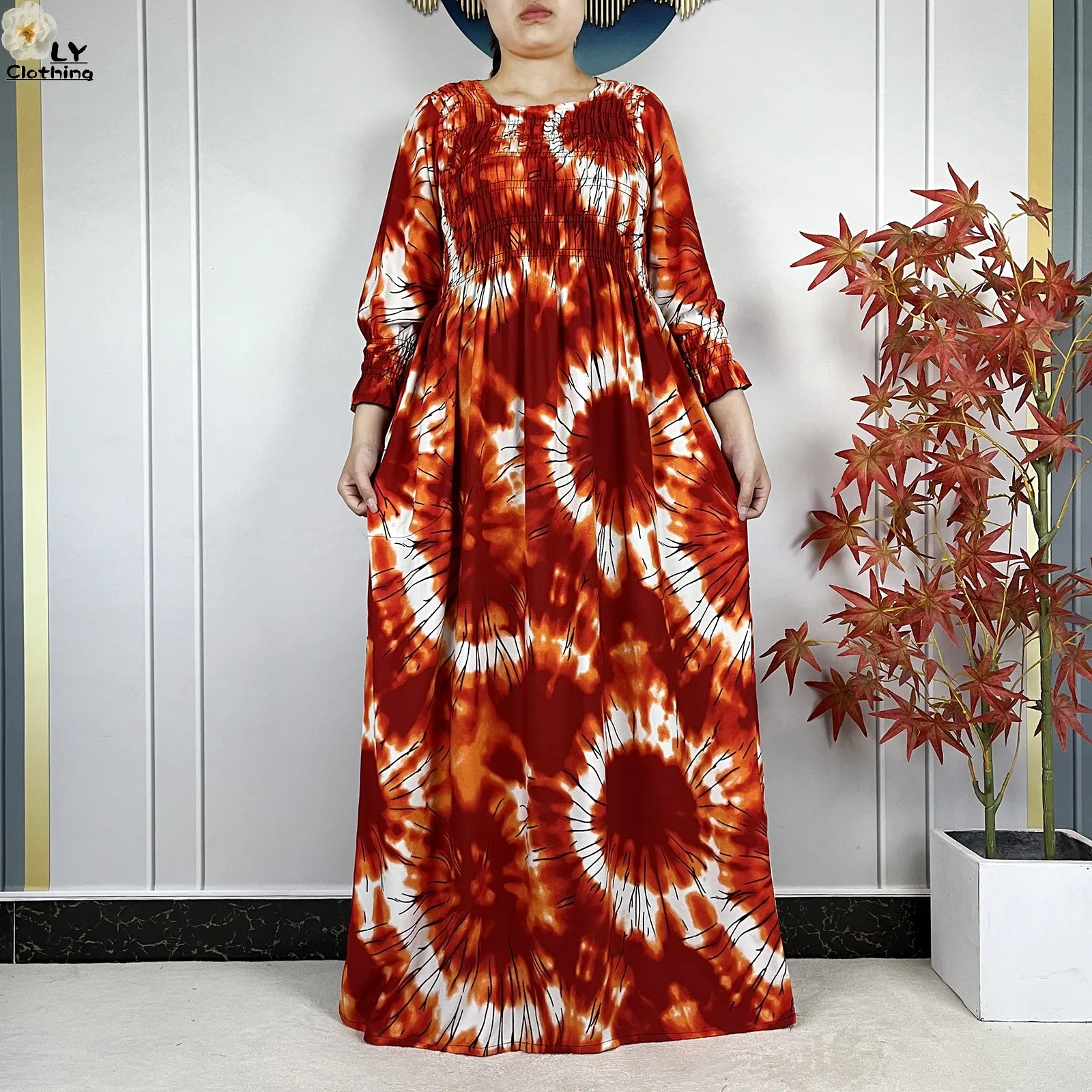 2026 New Dubai Fashion Summer Lady Party Dresse Collect Waist Tie-dye Cotton Femme Islam Short Sleeve Maxi African Casual Abaya