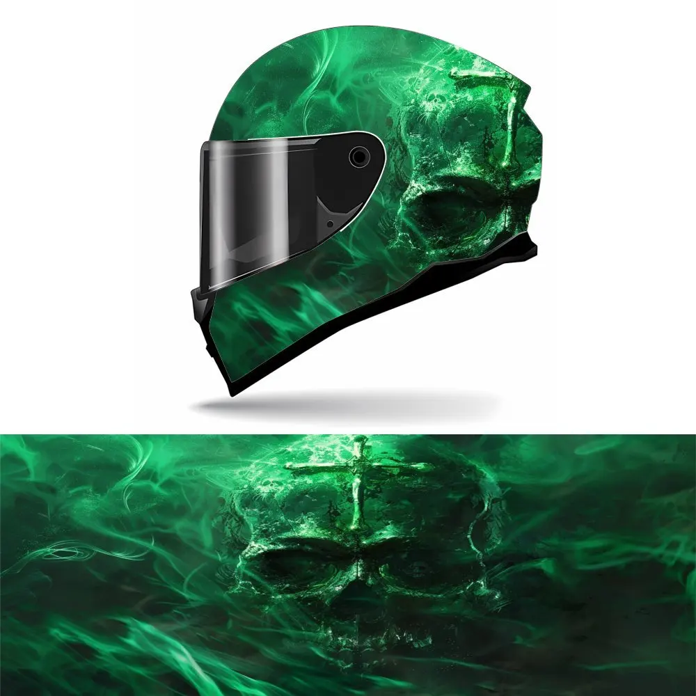

Mysterious cross motif graphic of skull in green mist, motorcycle helmet sticker - durable PVC; aesthetic sticker for racing mot