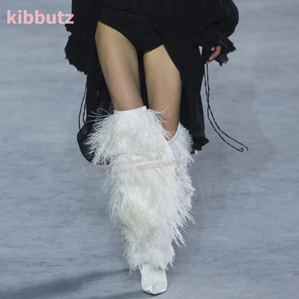 

Ostrich Feathers Boot Over The Knee Pointed Toe Cone-Shaped Super High Heel Strappy Fur Solid Color Runway Show Fashion Sexy New