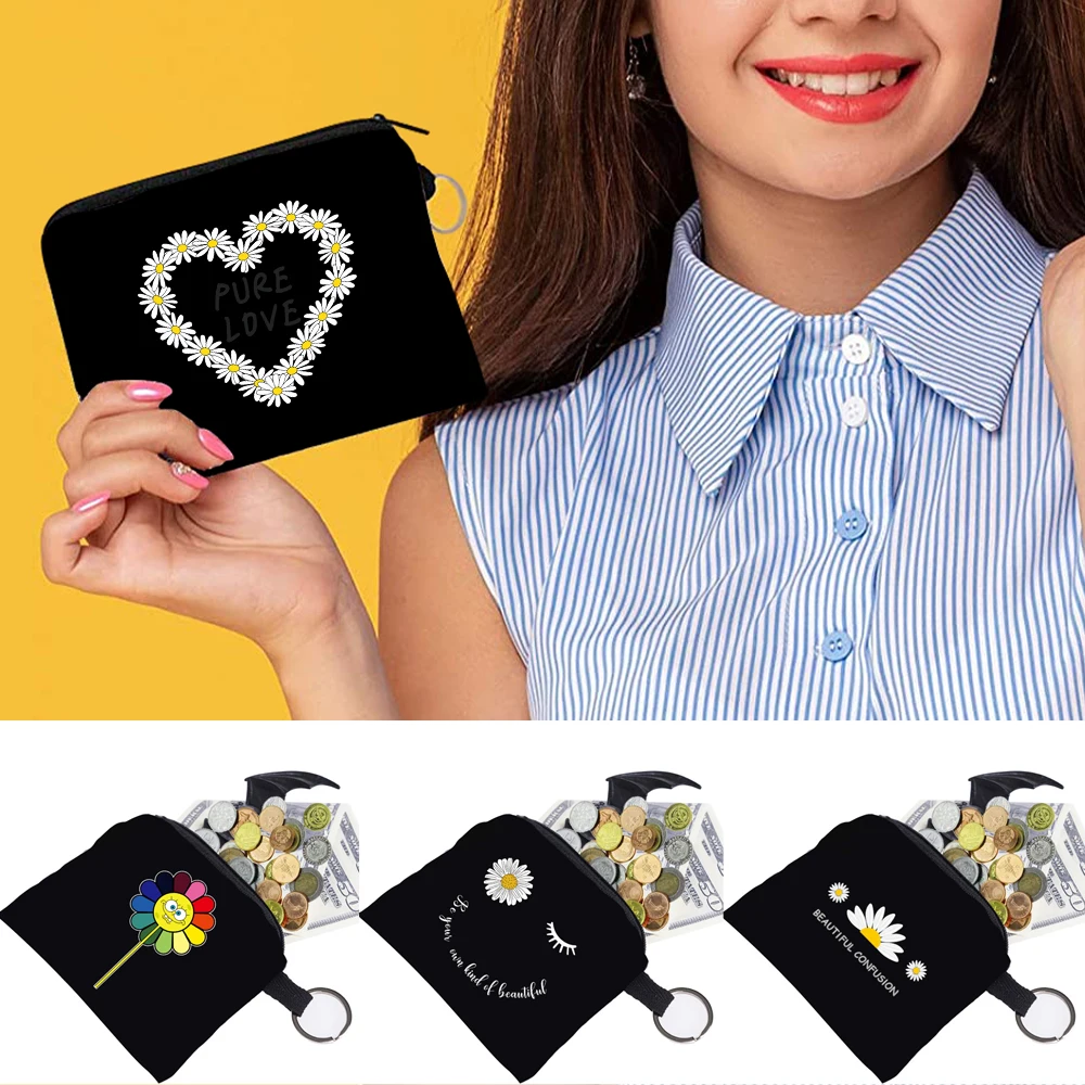 Portable Ladies Coin Purse Mini Wallet Clutch Key Pouch Card Holder Men's Handbag Small Cosmetic Bag Daisy Print Zipper Wallet