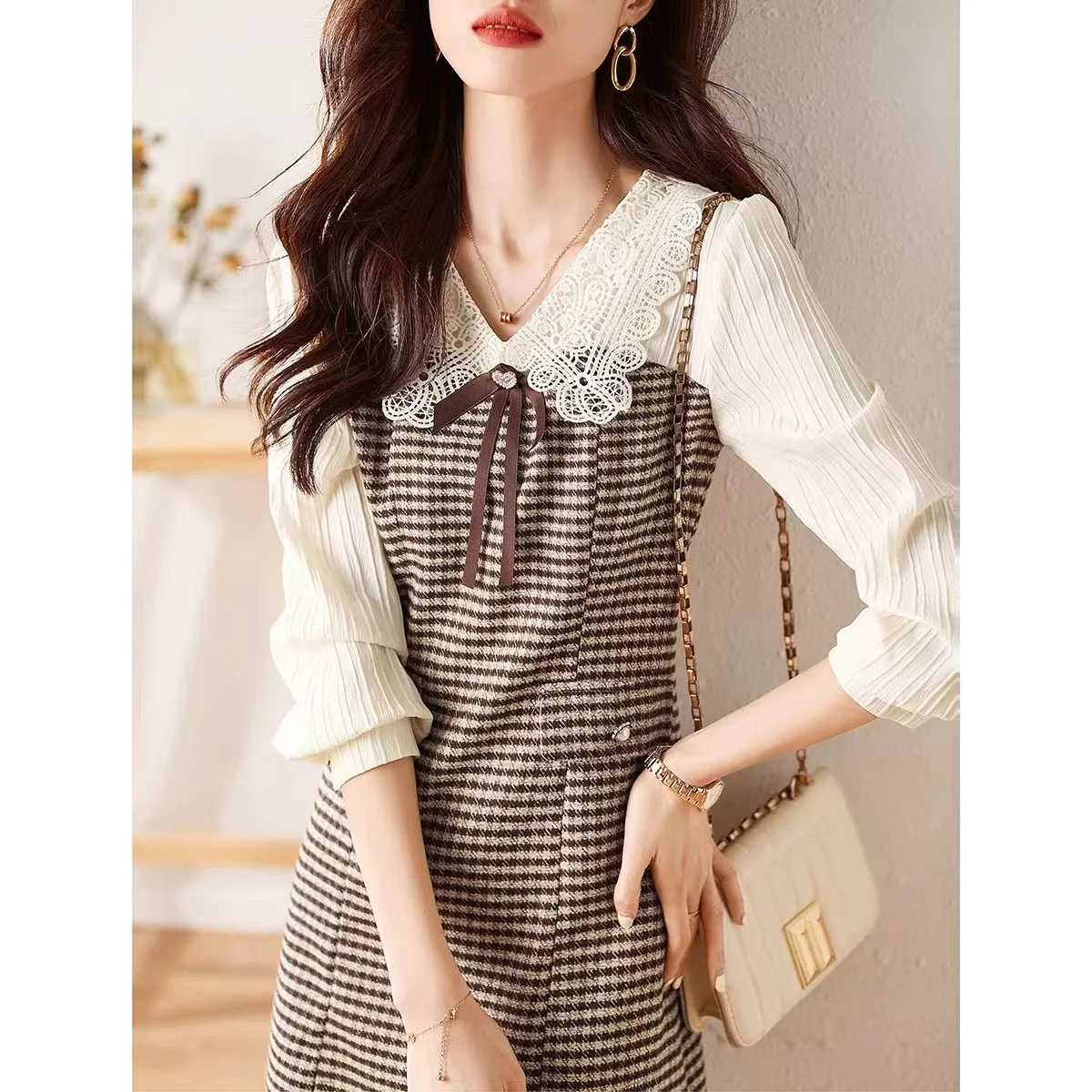 Faionable Simple couleur Blo Me panneau Ele Plaid polyvalent Midi Dr femmes printemps automne nouveauté longue Sve