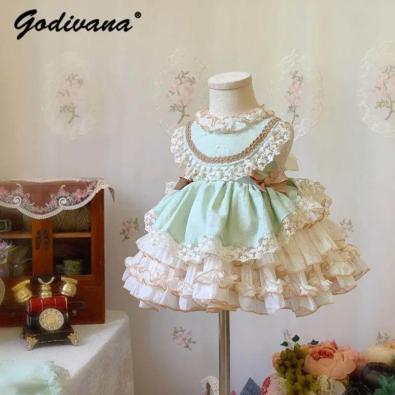 Sweet Baby Girl Spanish Lolita Princess Dress Kids Summer New Sleeveless Lace Trim Ruffle Collar Bow Birthday Party Tutu Dress
