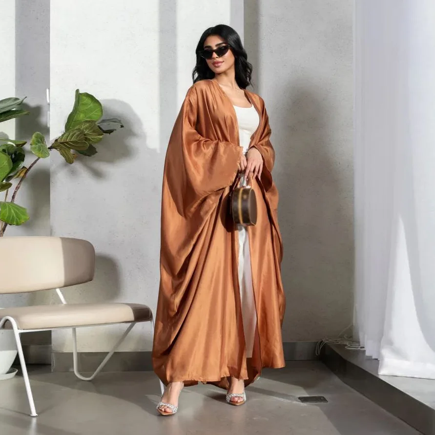 Extra-Loose-Fit Shiny Orange Butterfly Kaftan Abaya-Batwing Sleeves, Open Front. Dubai Islamic Clothing Muslim Women Open Abaya