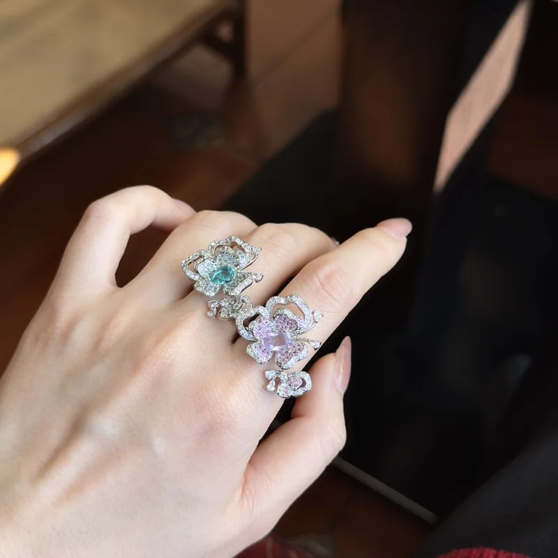 Hollowed-out petal fashionable, light luxury, ultra-shiny sterling silver ring for women, pink zircon, high-end open finger ring