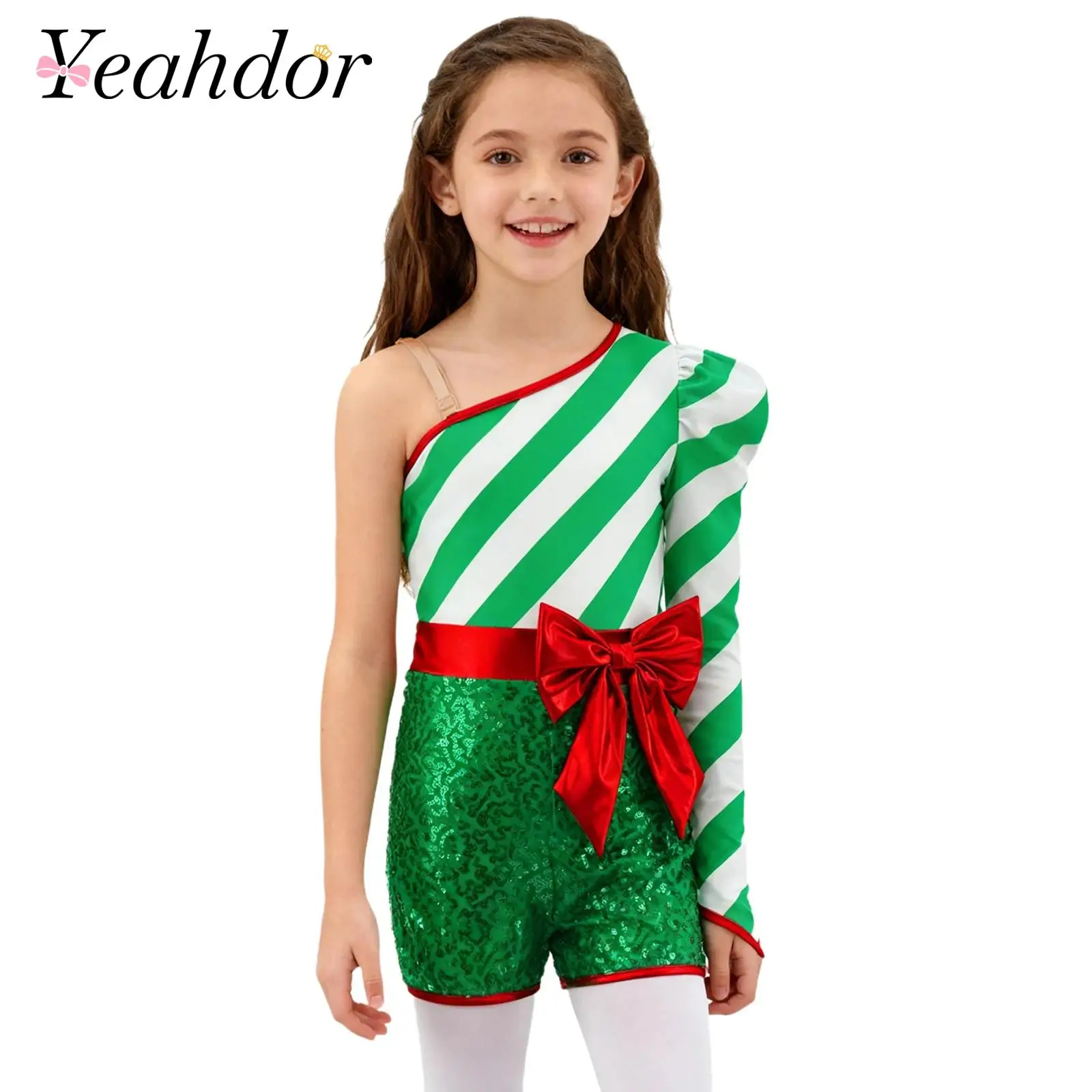 

Children Girls Sequins Cosplay Jumpsuit Xmas Outfit Dance Unitard Christmas Candy Cane Costumes Carnival New Year Party Costume