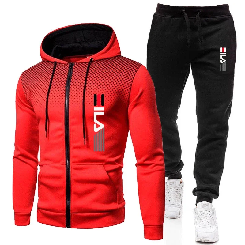 2024 New men\'s two-piece warm jacket and long pants sportswear zippered jacket outdoor hooded sweater sportswear jogging