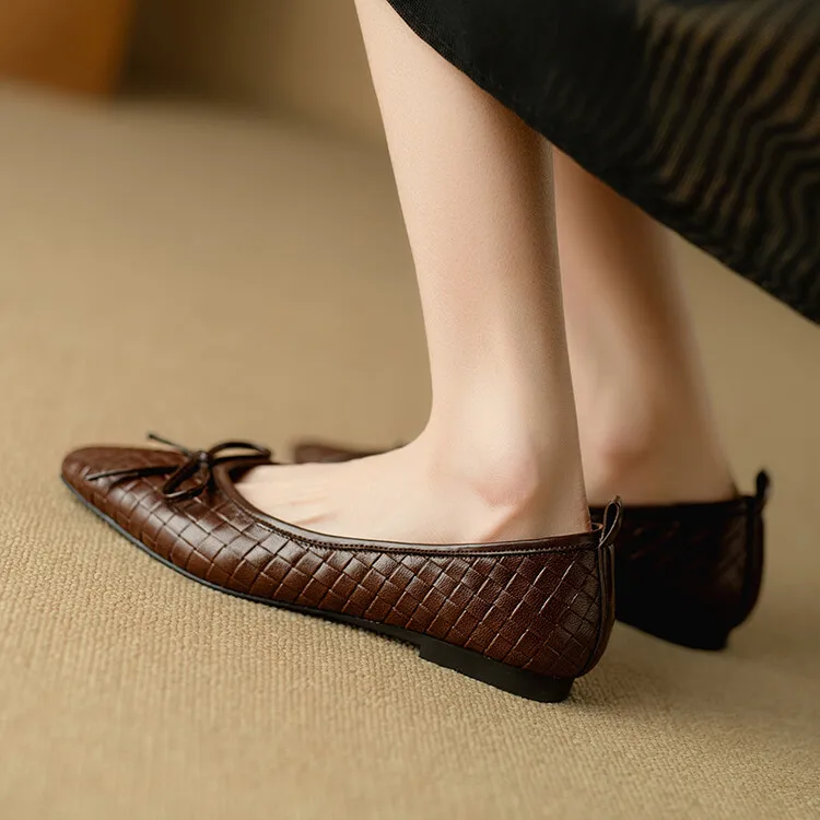 Vintage Brown Leather Women Shallow Flats Square Toe Slip On Ballerine Bowknot Decor Spring Lady Leisure Ballets Creepers Femmes