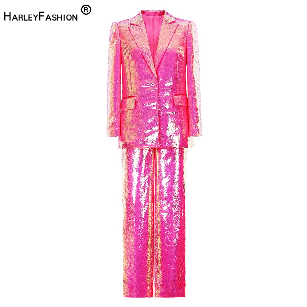 Party Queen Women Shining 2PCS Suits Sequins Blazer Hot Pink Long Wide-leg Pants Two-Pieces Lady Sets Luxury Designing