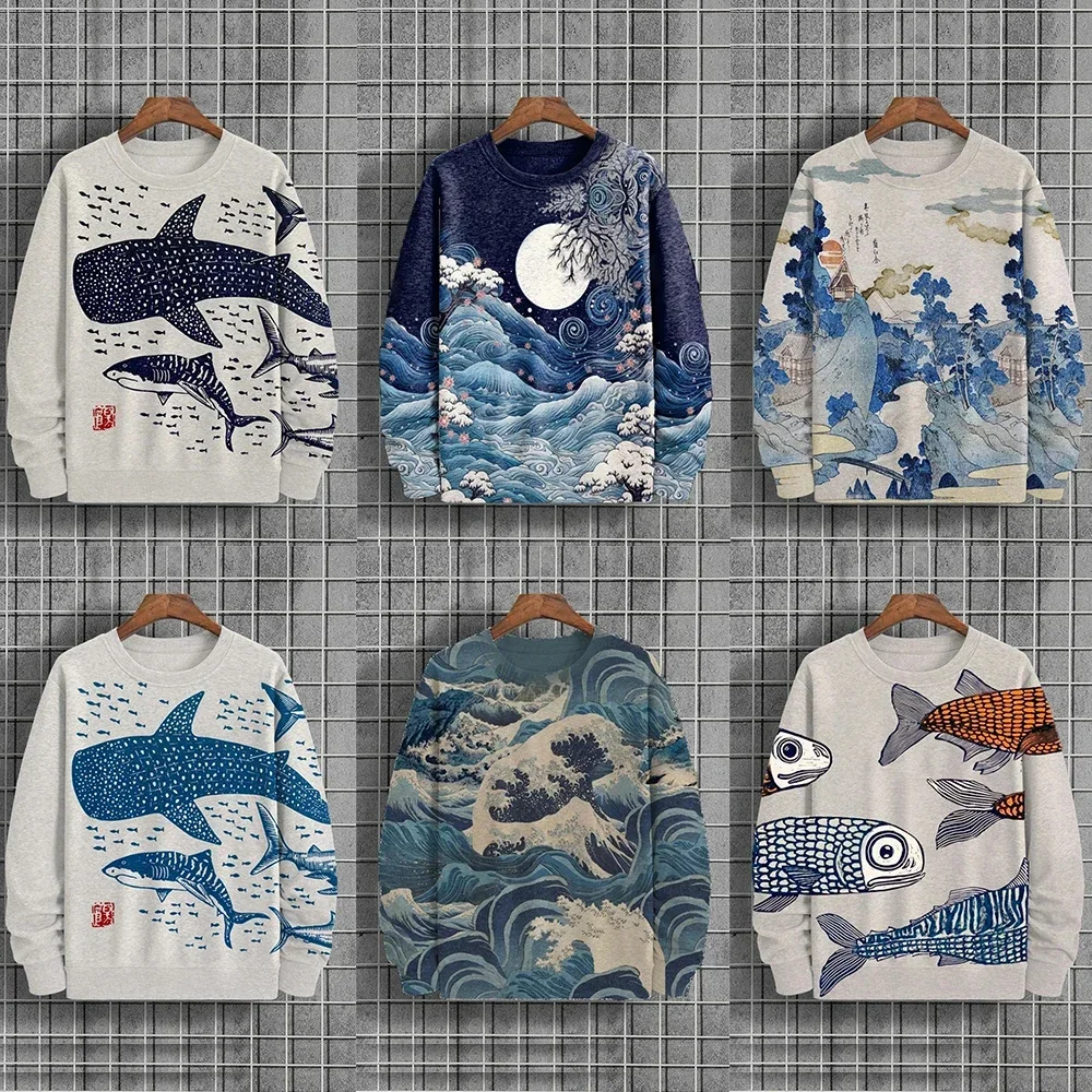 Men's Fashion Round Neck Printed Linen Top Casual Sweater Couple Harajuku Men and Women Sweater Spring and Autumn Clothing