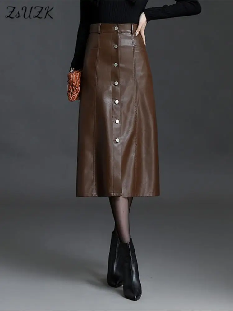 

ZUZK Women Pu Leather A-Line Skirt 2024 Autumn Winter Elasitc Waist Button Decorative Elegant Office Lady Skirt 2Colors