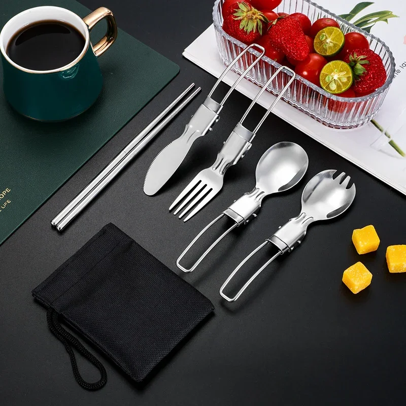 5Pcs/Set Portable Outdoor Camping Tableware Set Stainless Steel Folding Fork Spoon Knife Picnic Survival Flatware Hiking