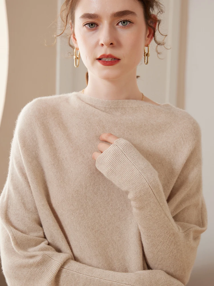 

100% Cashmere Shawl Women's Slash Neck Sweater Autumn Winter Loose Long Pullover Batwing Sleeve Knitwear Solid Triangle Clothing