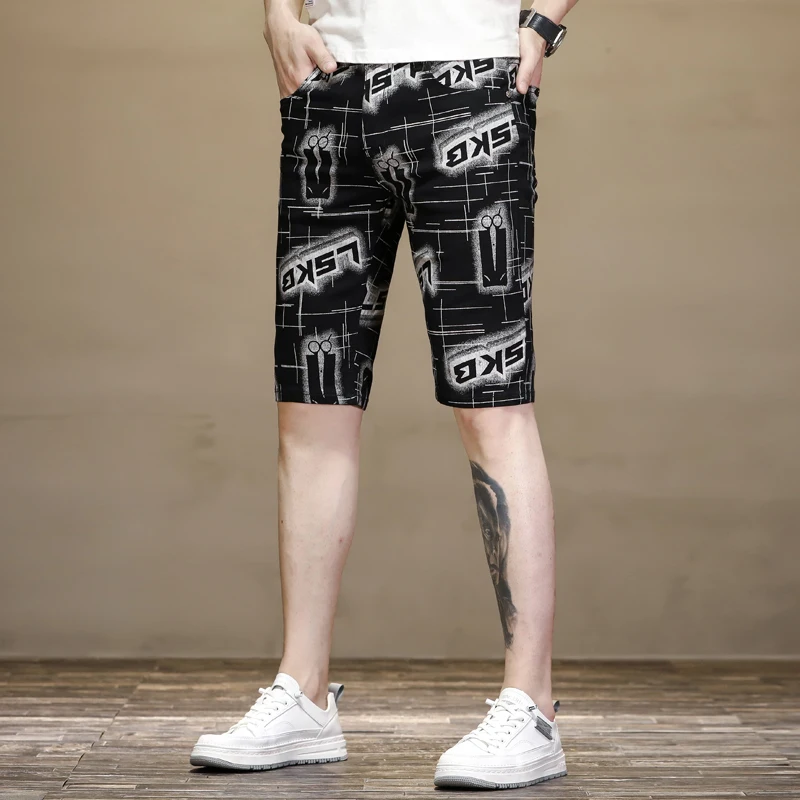 Summer Thin Men's Denim Shorts Letter Printed Black Cropped Pants Stretch Slim Handsome Beach Breeches