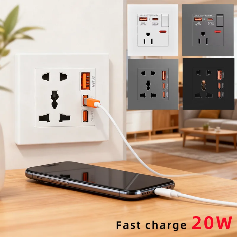 

20w type-c plug fast charging American 15A Usb wall socket, power socket with 18W USB C, universal dual 5-pin power socket panel