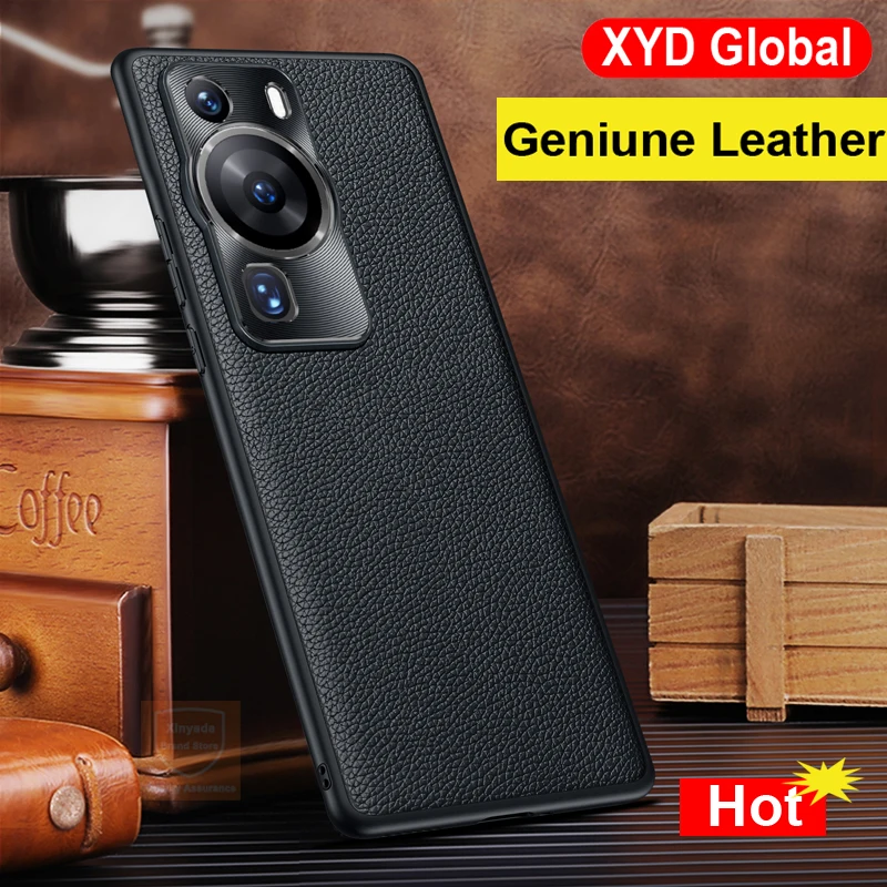 

Geniune Leather Phone Case For Huawei P60 Pro Cowhide Bumper Cover For Huawei P60 Pro Case Shell Armor Fashion Skin Metal Lens