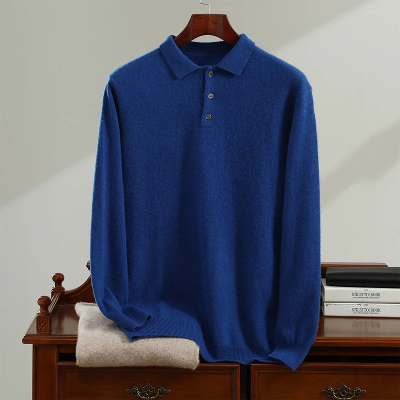 Roupas de outono e inverno 100% suéter de caxemira pura masculino gola polo suéter lapela de negócios camisa de fundo de malha quente
