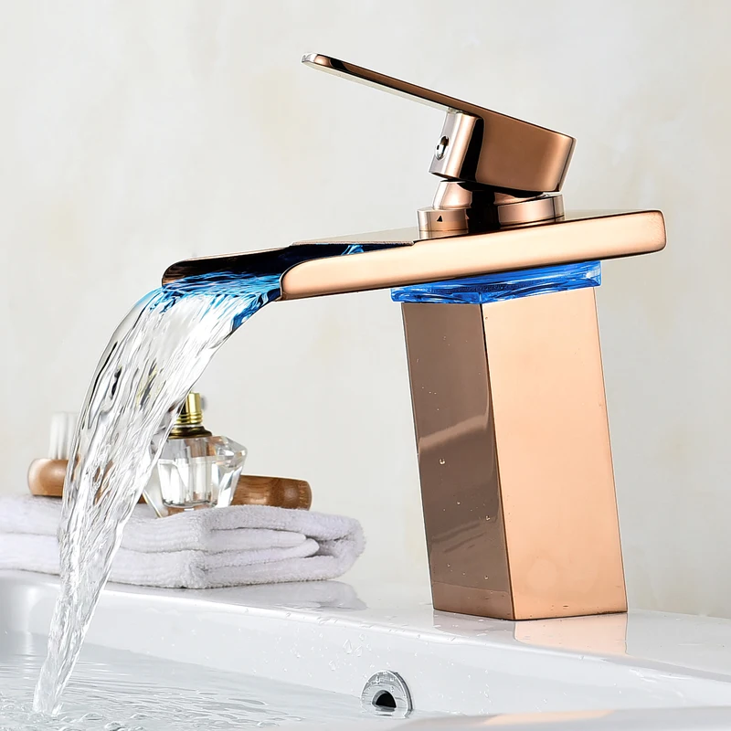 Rose gold bathroom faucet light LED basin Deck mounted faucet temperature sensor tap hot and cold cold mixer water High tap