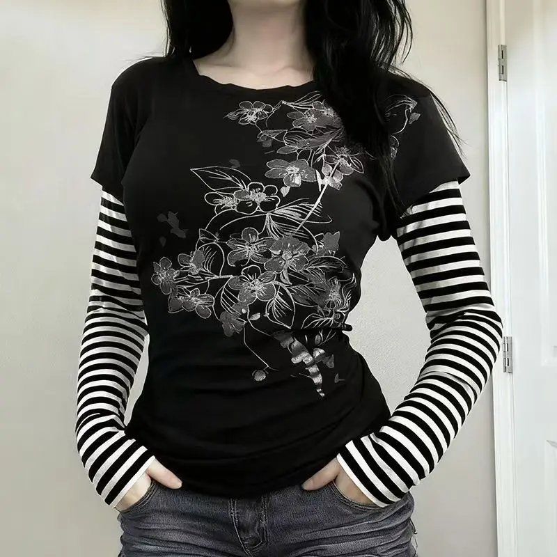 American Subculture Punk Print T-shirt Harajuku Striped Patchwork Tshirts Retro Y2K Gothic Tee Hip-hop Hottie Fake Two-piece Top