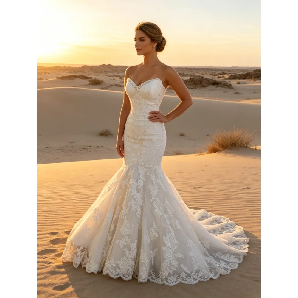 Customized Fashion Strapless Lace Sweetheart Mermaid Wedding Dresses 2026 Luxury Sleeveless Tulle Tattoo Cathedral Bridal Gown